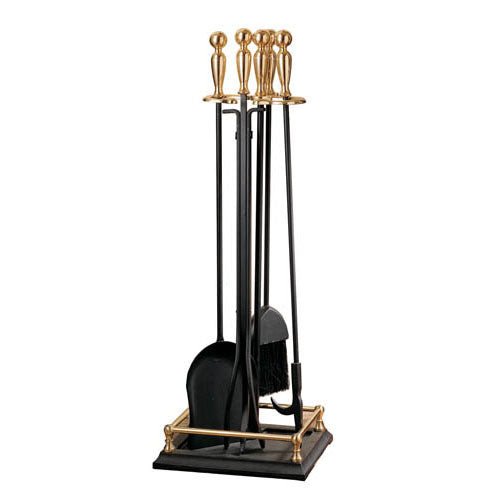 Pilgrim 5 Piece Matte Black Fireplace Tool Set with Brass Ball Handles and Rectangular Base