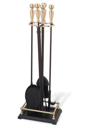Pilgrim 5 Piece Matte Black Fireplace Tool Set with Brass Ball Handles and Rectangular Base