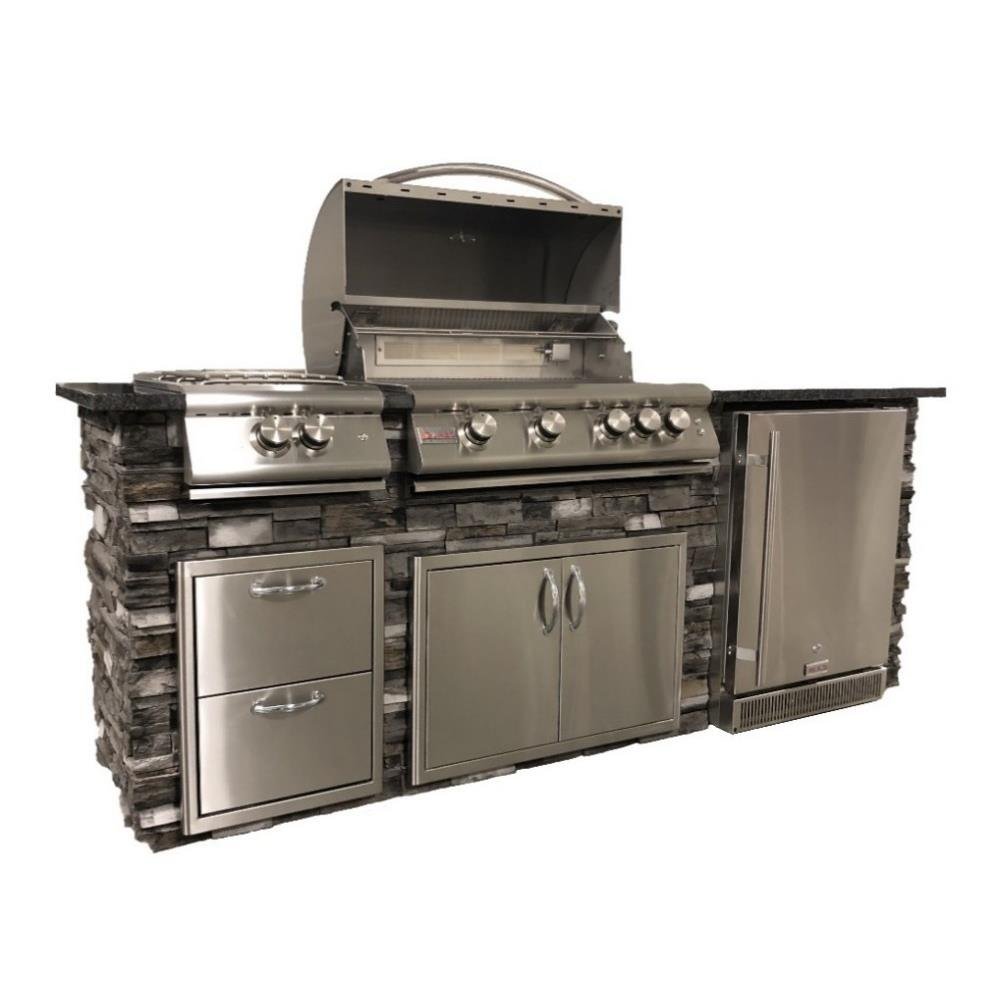 TRU Innovative 8 Foot Outdoor Kitchen Island Package - Includes 32" LTE Grill, Side Burner, Refrigerator, Drawers, Doors, Island & Top