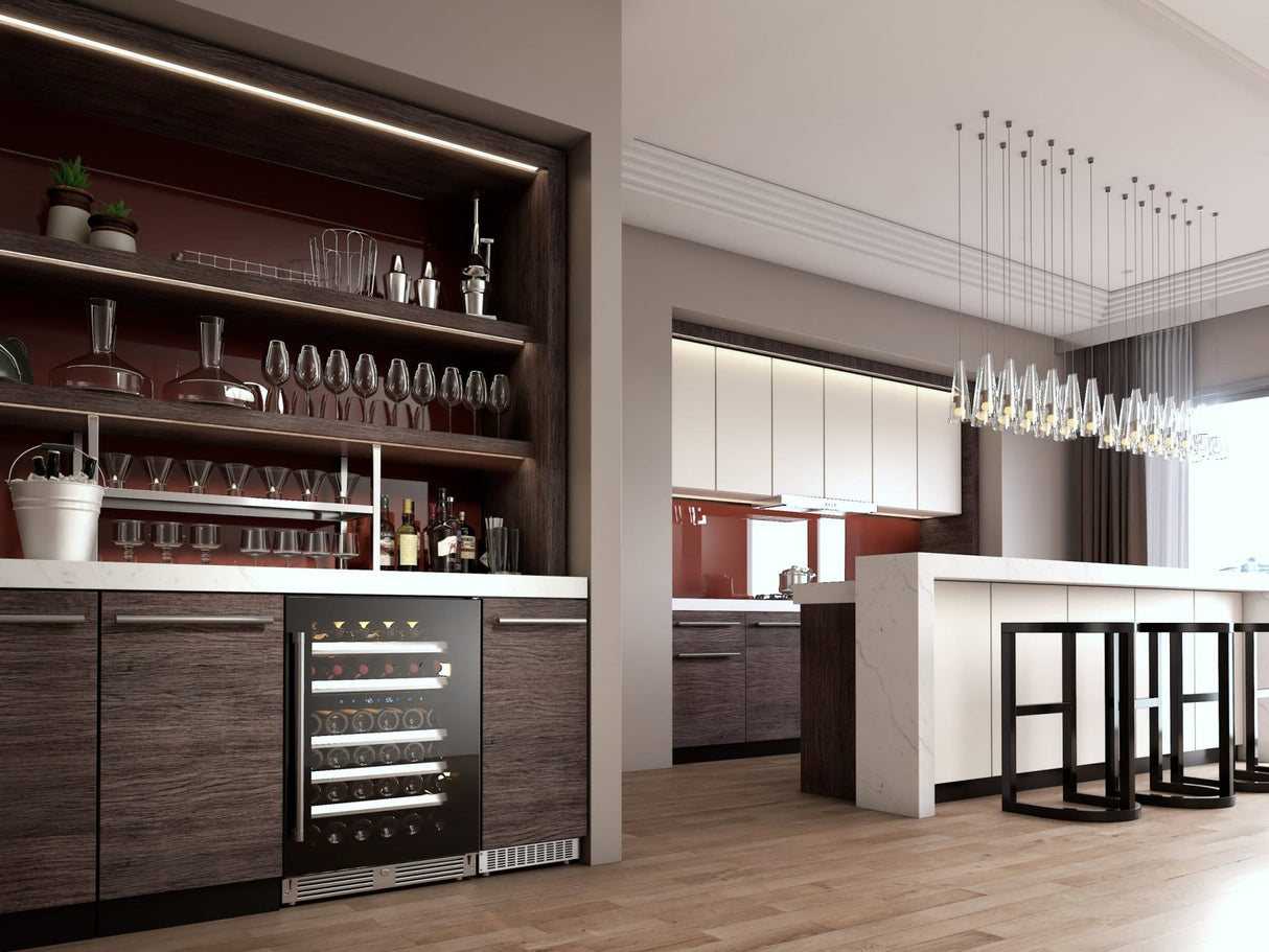 XO 24 Inch Designer Black Glass Indoor Dual Zone Wine Cooler Refrigeration