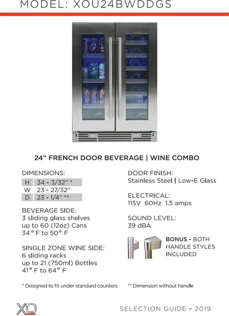 XO 24 Inch French Door Wine & Beverage Cooler - Open Box - Pick Up Only