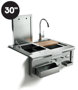 XO 30 Inch Cocktail Pro Station with Sink, Ice Bin, Chilled Bins, Faucet, Hand Towel Bar and Bottle Caddy