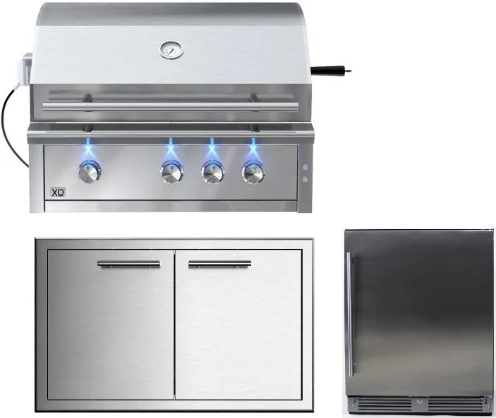 XO Pro Luxury 36 Inch Built-In Gas Grill Three Piece Package with Access Door & Refrigerator