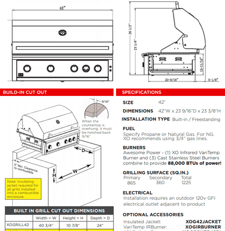 XO Pro Luxury 42 Inch Built-In Gas Grill with Infrared Burner & Rotisserie